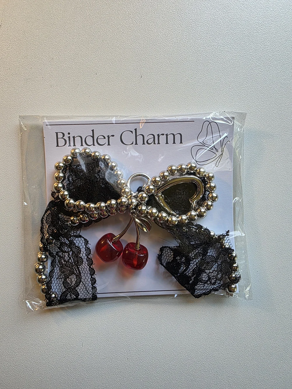 Binder Charm Black Lace Bow with Red Cherry Accent Emmys Budget